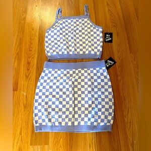 Blue and White Checkered Crop Top and Skirt Set Size L and XL